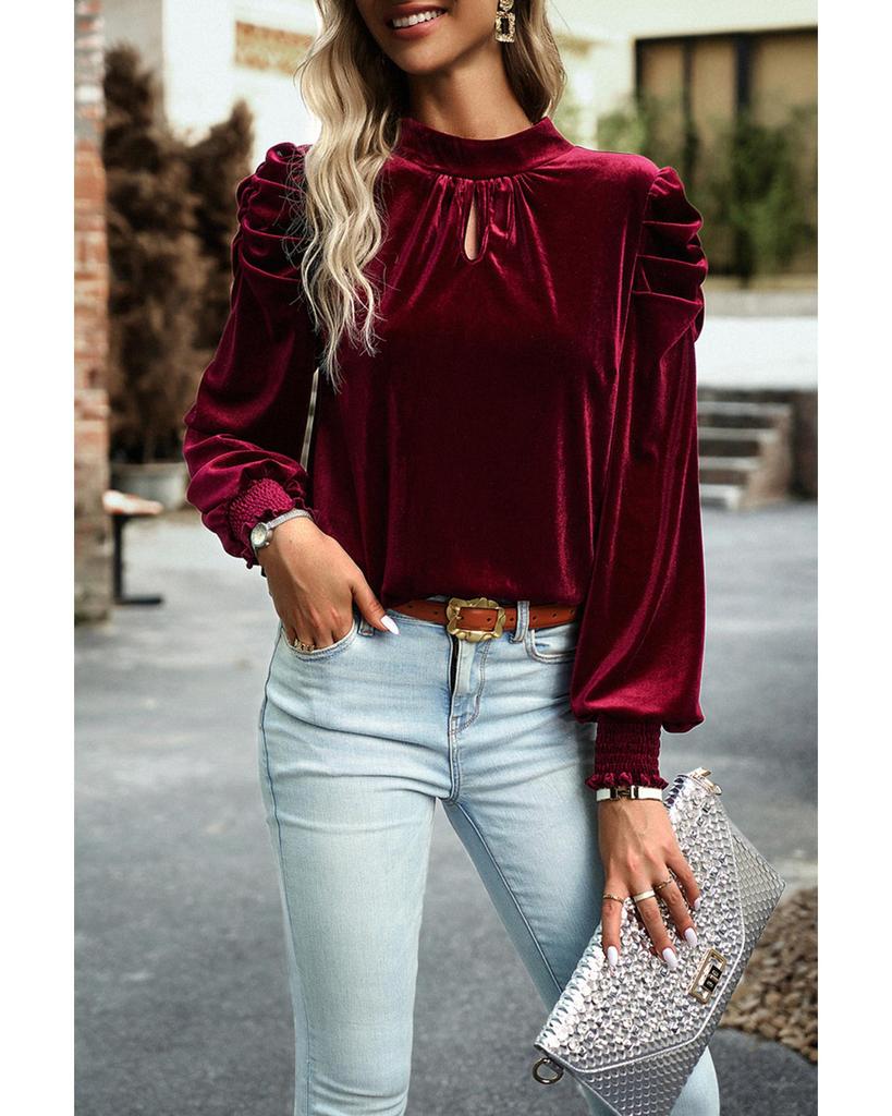 Azura Exchange Red Mock Neck Puff Sleeve Velvet Blouse