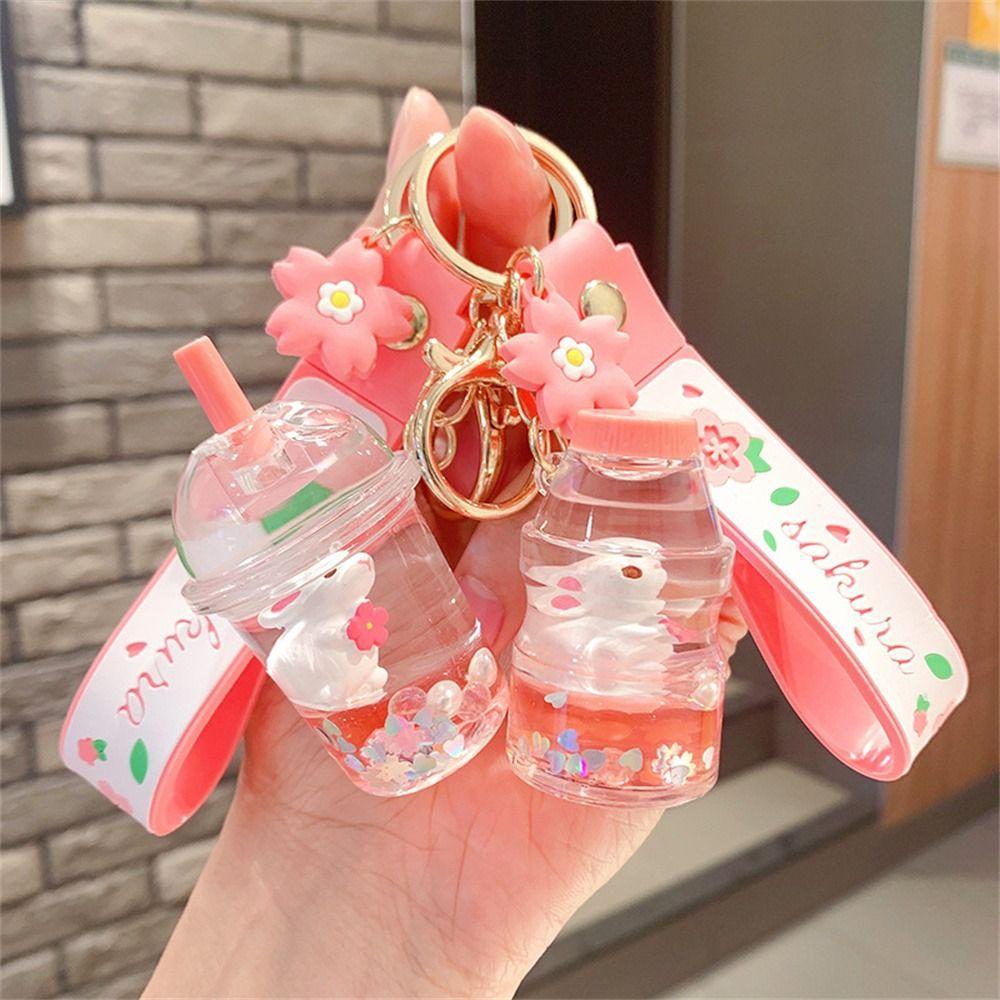 Подвеска-брелок в виде бутылки с жидким песком, брелок в виде кролика и чашки молочного чая боба, кольцо для ключей