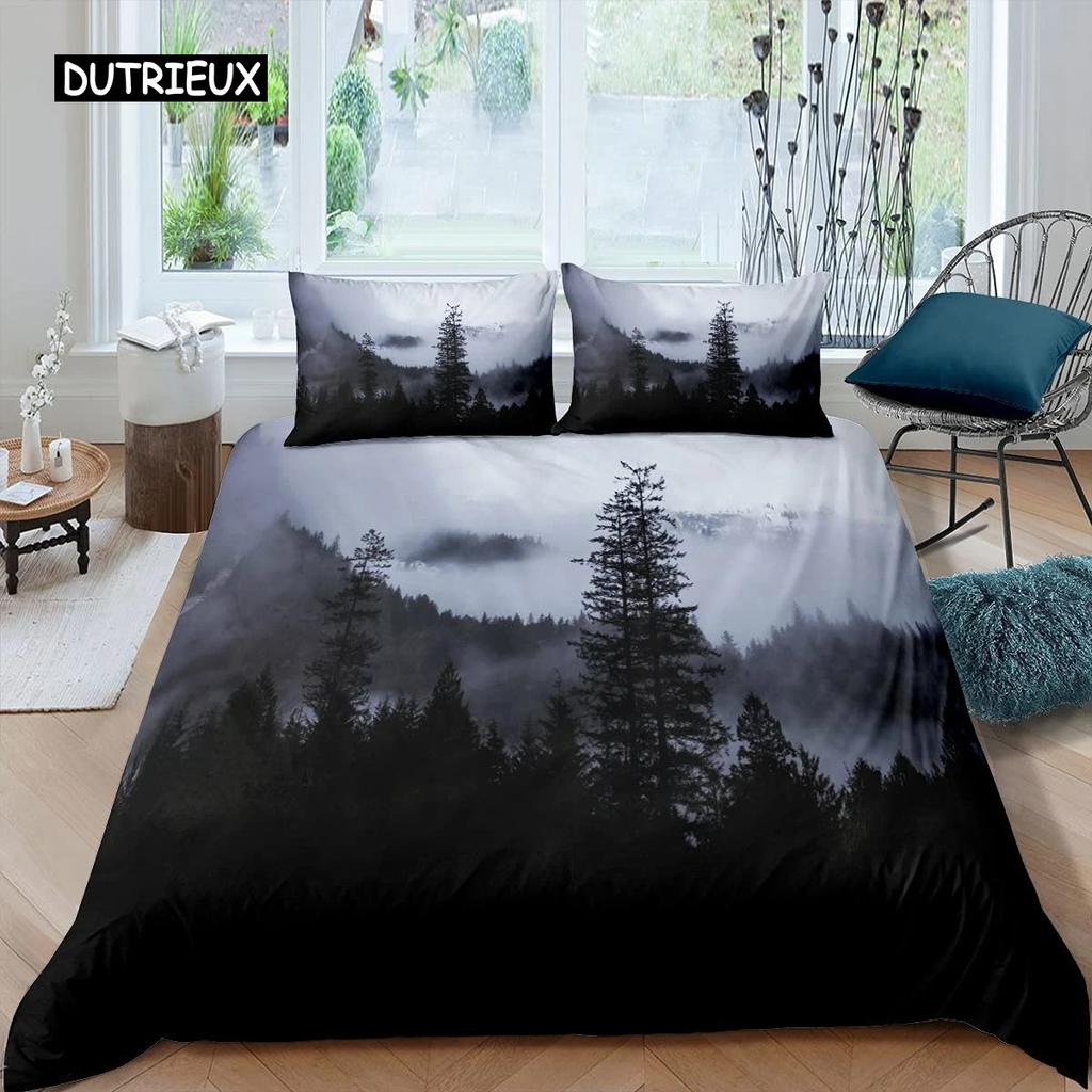 Комплект постельного белья Smoky Mountain с изображением сосен, пододеяльник для мальчиков, пододеяльник с изображением пейзажа, природный декор, комплект постельного белья из полиэстера