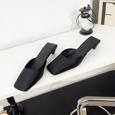 Кожаные шелковые туфли-мюли с квадратным носком, на необычном каблуке средней высоты, класса люкс, женские, летние, крутые тапочки