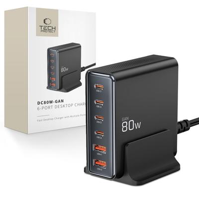Tech-Protect Dc80W-Gan 6-портовое настольное зарядное устройство Pd80W/Qc3.0 Черное
