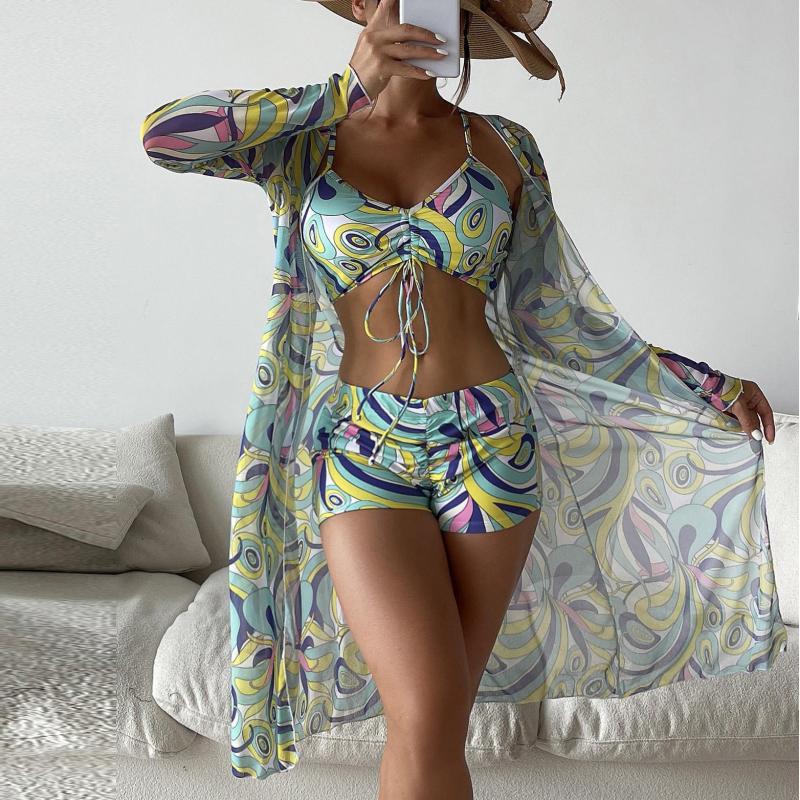Swimsuit Women's Split Three Piece Set High Waist Long Sleeve Ins Overshirt Drawstring Printed Bikini Suits