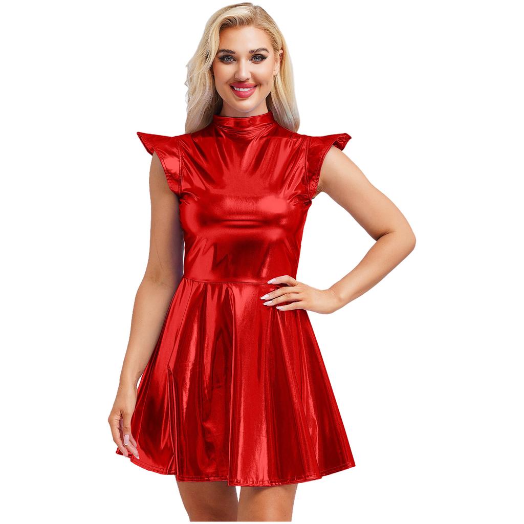 Women's Halloween Party Dress - Shiny Metallic A-line with Mock Neck & Cap Sleeves Fashion Bar Club Wear