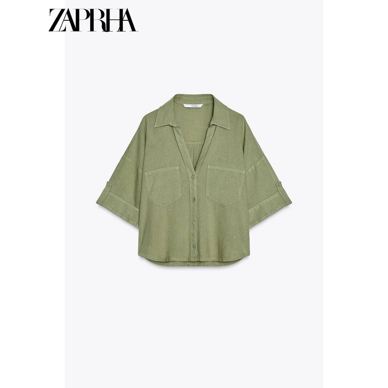 Zaprha 2025 New Arrival French Style Temperament Linen Blended Lapel T-shirt Shory Style Casual Shirt Female 2187813