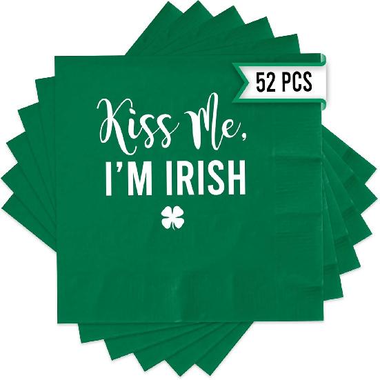 52 Pcs Kiss Me I'm Irish St Patricks Day Napk Paper - Green Shamrock Napk with Gold Foil for Dinner or Cocktail Parties - St. Patrick's Decorations