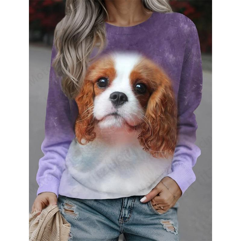 Осенняя рубашка с длинным рукавом Свободная повседневная женская футболка Милый принт с кошкой и собакой Модная повседневная удобная футболка для работы