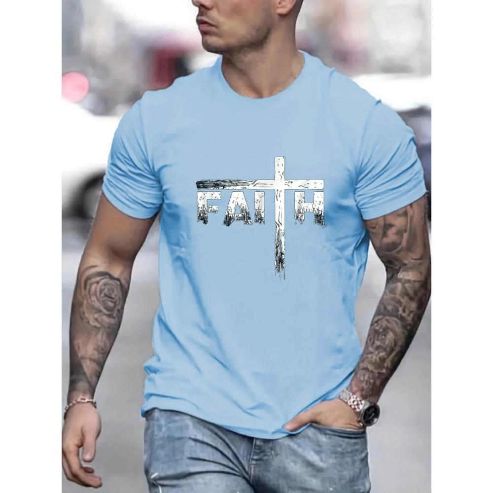 Men's Summer 100% Cotton Faith Print Loose Large Casual Round Neck Short Sleeve T-shirt