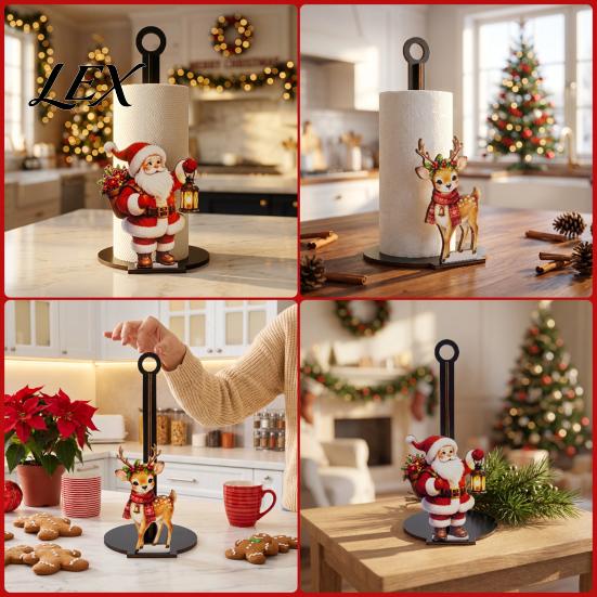 Creative Christmas Kitchen Storage Wooden Paper Towel Holder, Decorative Vertical Roll Dispenser, Festive Countertop Stand Stable Weighted Base