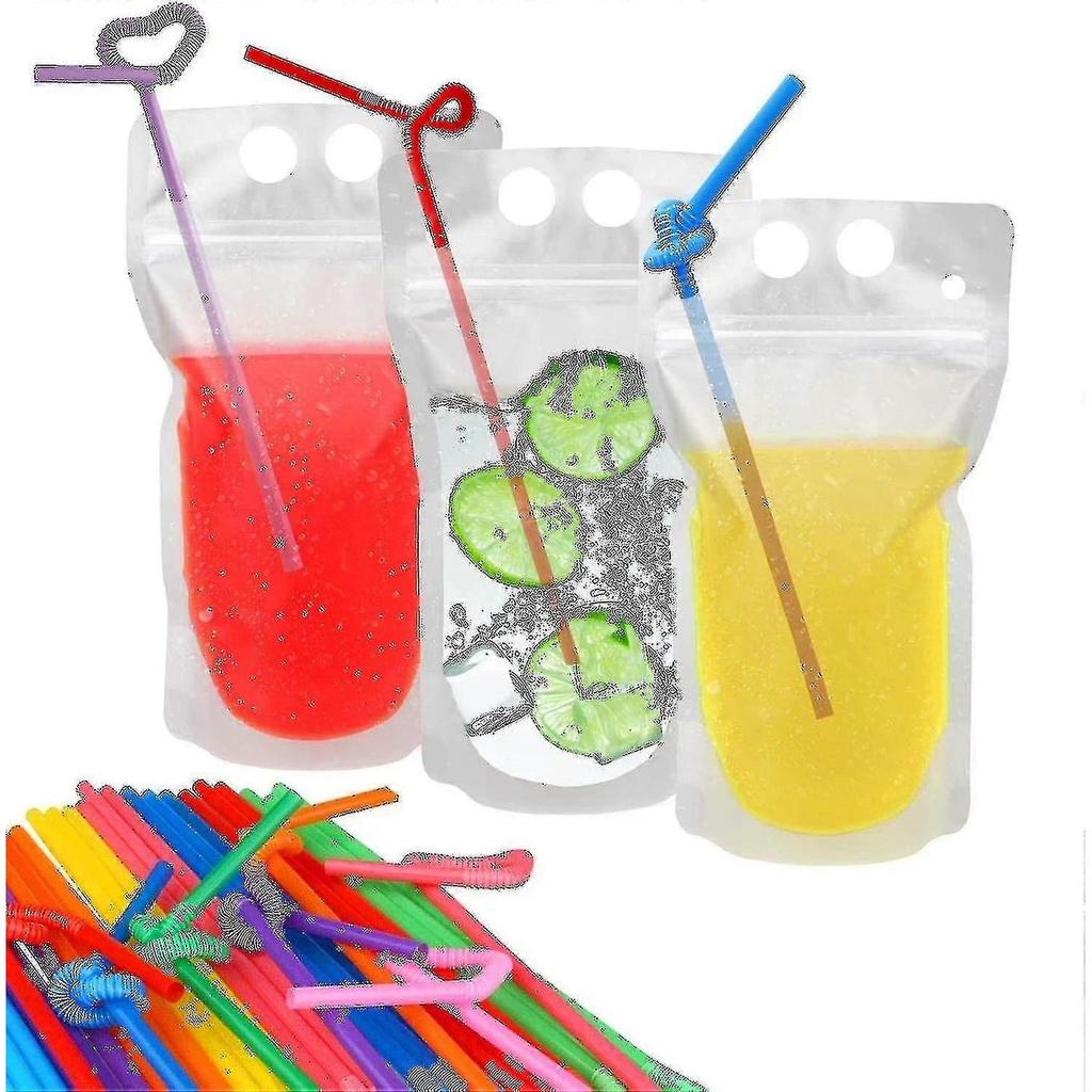 100 Pcs Drink Pouches With 100 Straw Holes Translucent Reclosable Zipper Plastic Pouches - RiRi