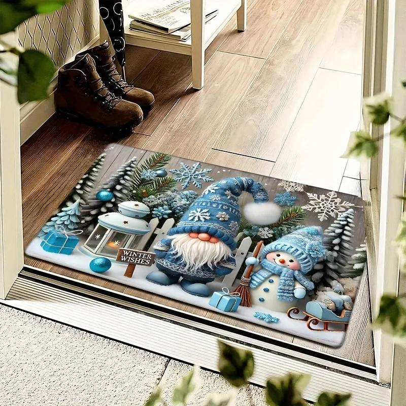 Winter Door Mat Gnome Snowman Snowflake Print Welcome Rug Non Slip For Entryway Front Door Indoor Outdoor Holiday Decor