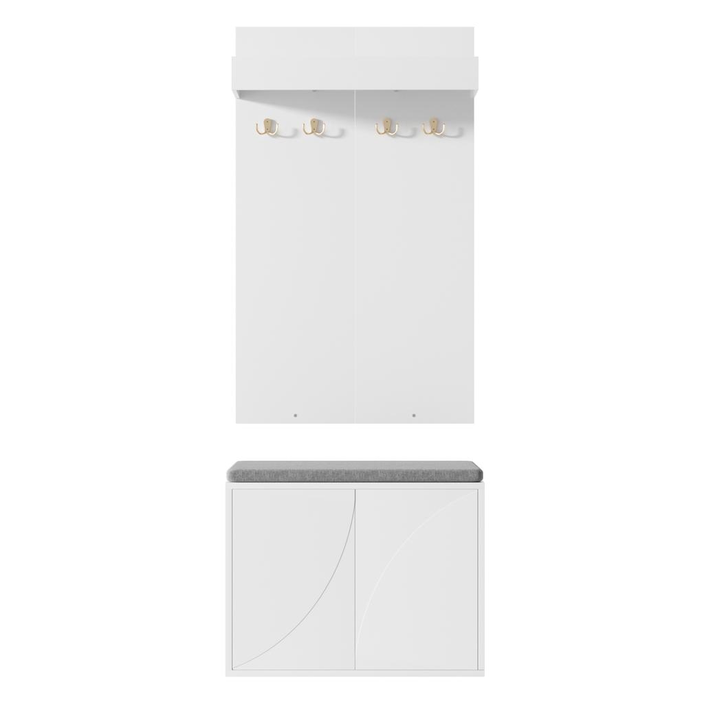 Coat Rack Set 3-in-1 Set – Clothes Rack with integrated 4 Hooks, Shoe Cabinet with two Doors and Shoe Bench. White,60×35×(45+100)cm