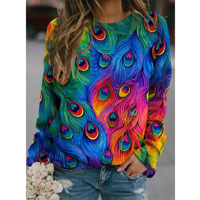 Spring And Autumn 3D Peacocks Printed Long Sleeve T Shirt Women Florals Pullover Harajuku Clothing Fashion Women Tops Sweatshirt