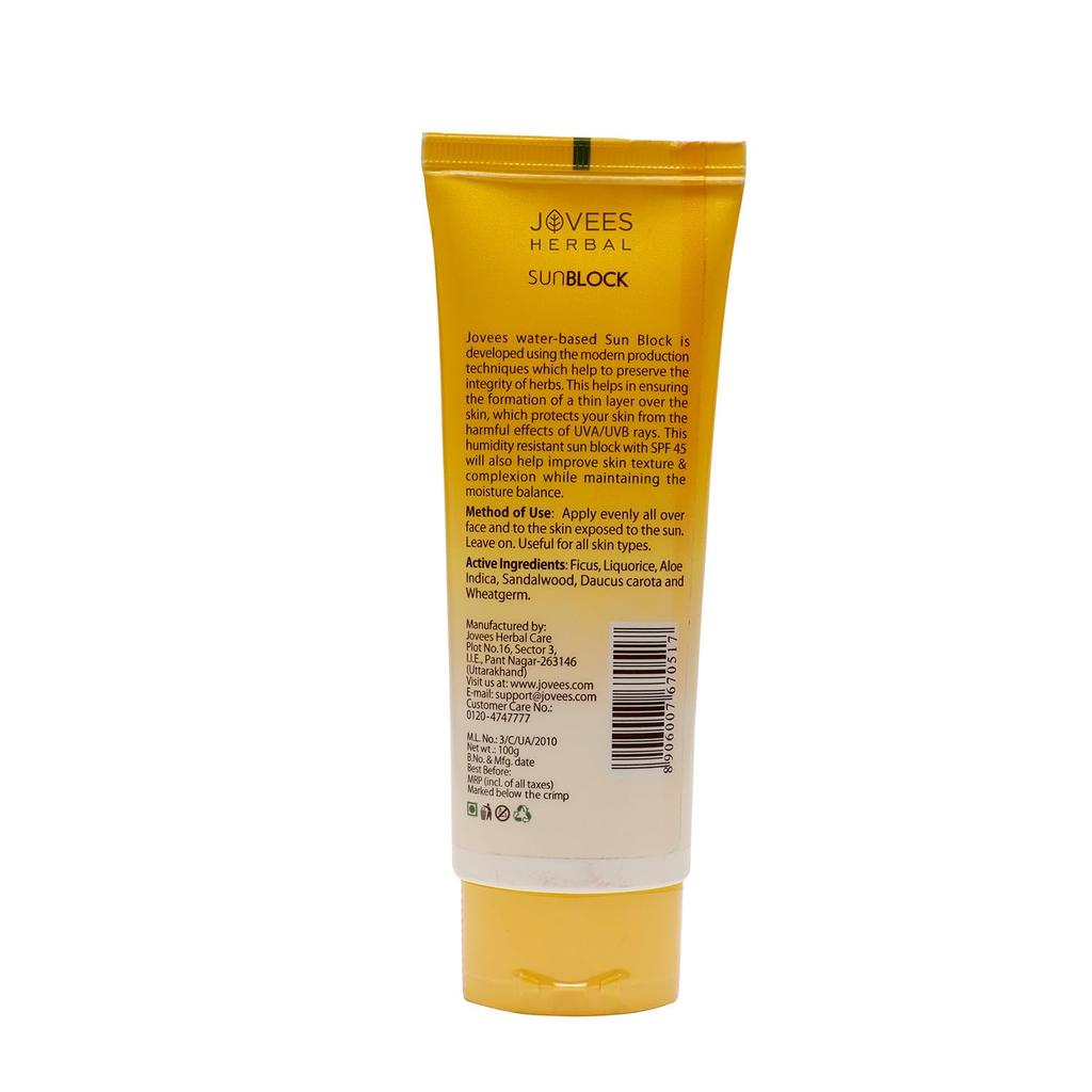 Jovees Herbal Sun Block SPF 45 Sunscreen for Even Toned Glowing Skin Lightweight Non-Greasy 100g
