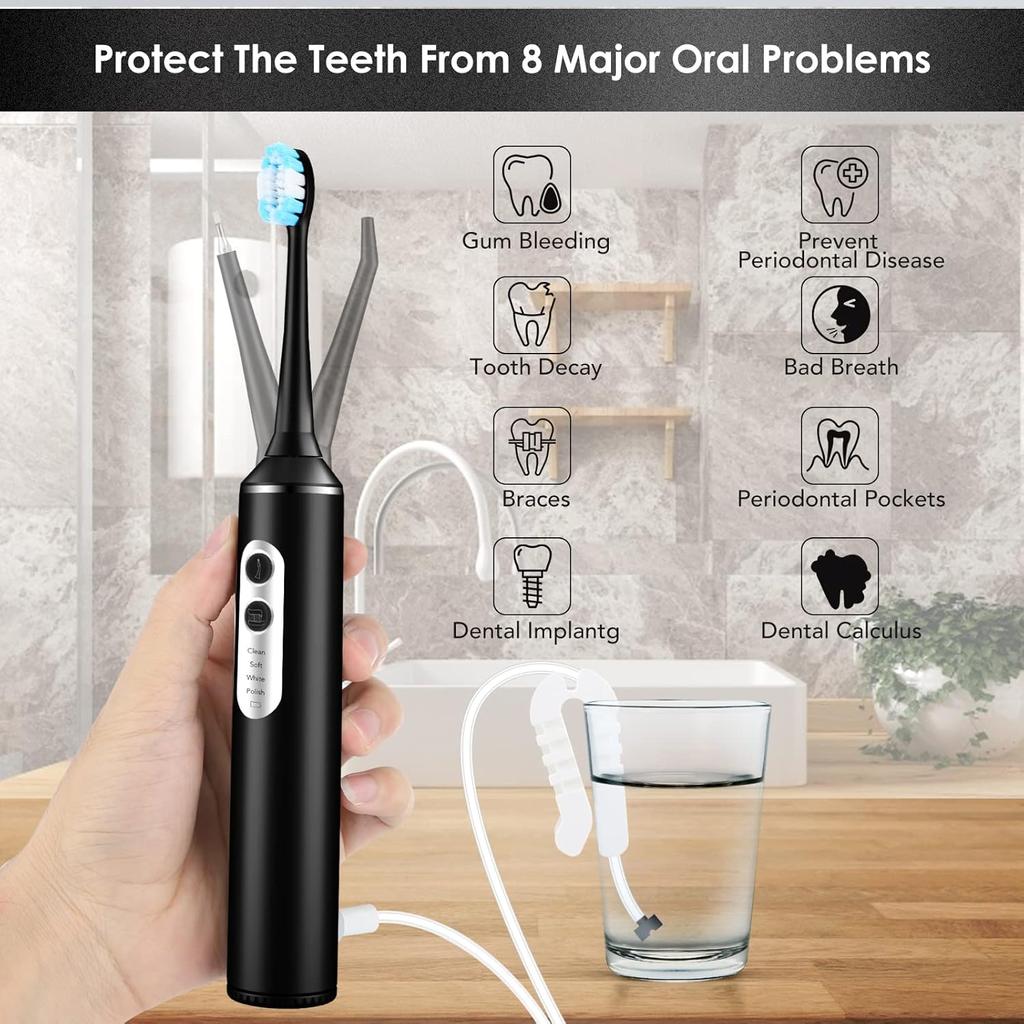 Electric Toothbrush with Water Flosser Combo, 3 in 1 Ultrasonic Toothbrush & Dental Oral Irrigator & Tooth Cleaner with 4 Modes, One Switch from