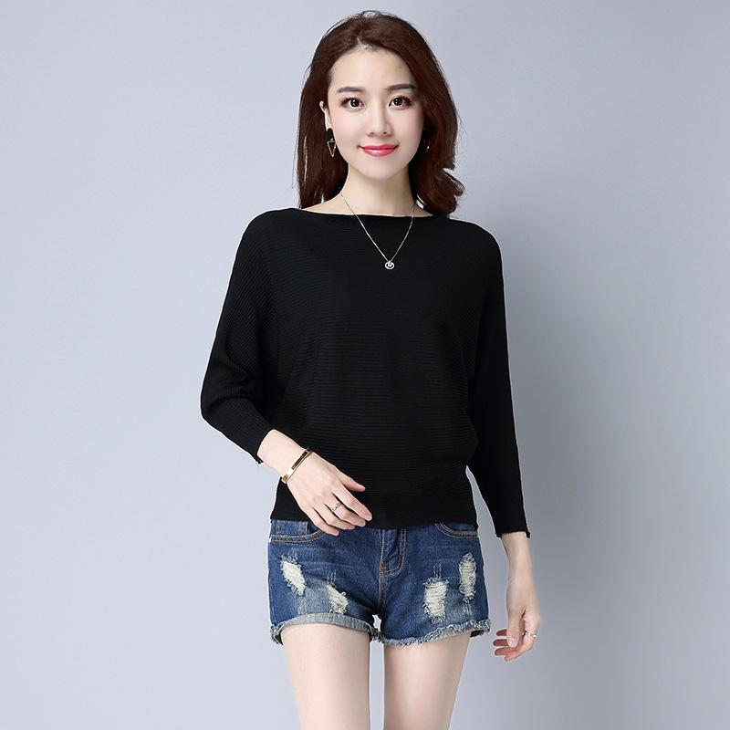 Bat Sleeve Sweater Spring and Autumn Solid Color Pullover Short Long Sleeved Knitted Sweater