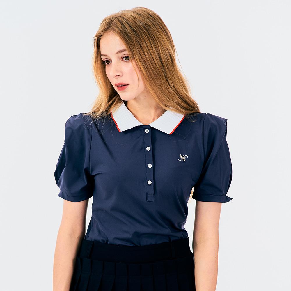 BENECIA12 Pleated Collar Puff Sleeve Tee Blue