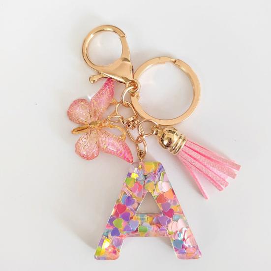 Epoxy Resin English Alphabet Keychain Heart-Shaped Sequins Butterflies Tassel Alphabet Keyring Initial Lettering Key Chain Mug Accessory