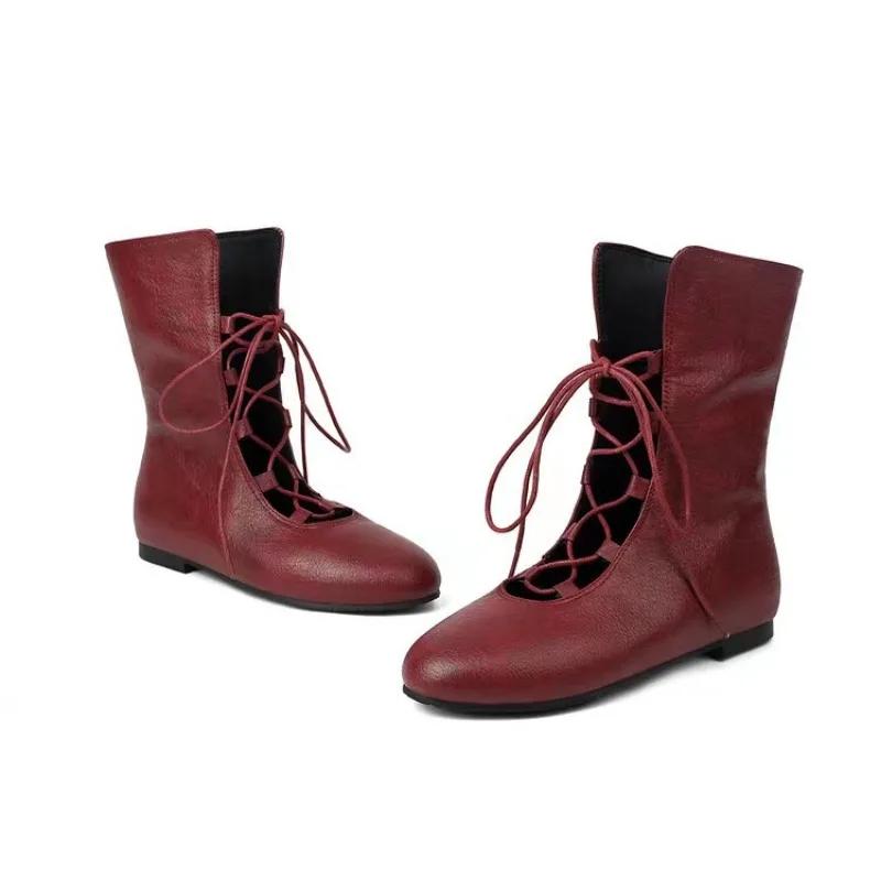 Модные повседневные дизайнерские женские туфли на шнуровке 2024 года, новые полые дышащие женские римские сапоги, легкие и удобные сапоги до середины голени