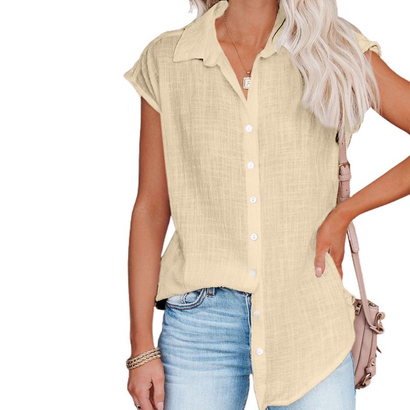 Женская однотонная хлопковая льняная блузка с коротким рукавом, весна-лето, рубашки большого размера на пуговицах, свободные длинные топы с лацканами больших размеров