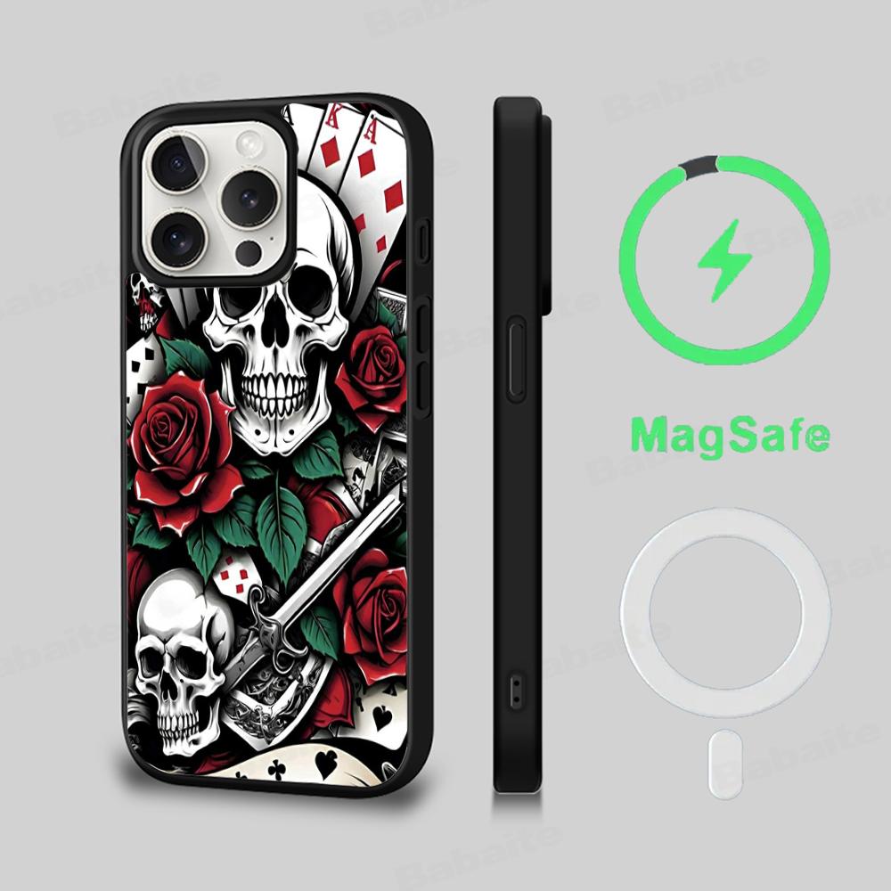 Жуткие узоры в виде черепов Чехол для телефона Магнитный чехол Для IPhone 16 14 13 12 11 15 Pro Max Plus Для Magsafe Беспроводная зарядка Чехол