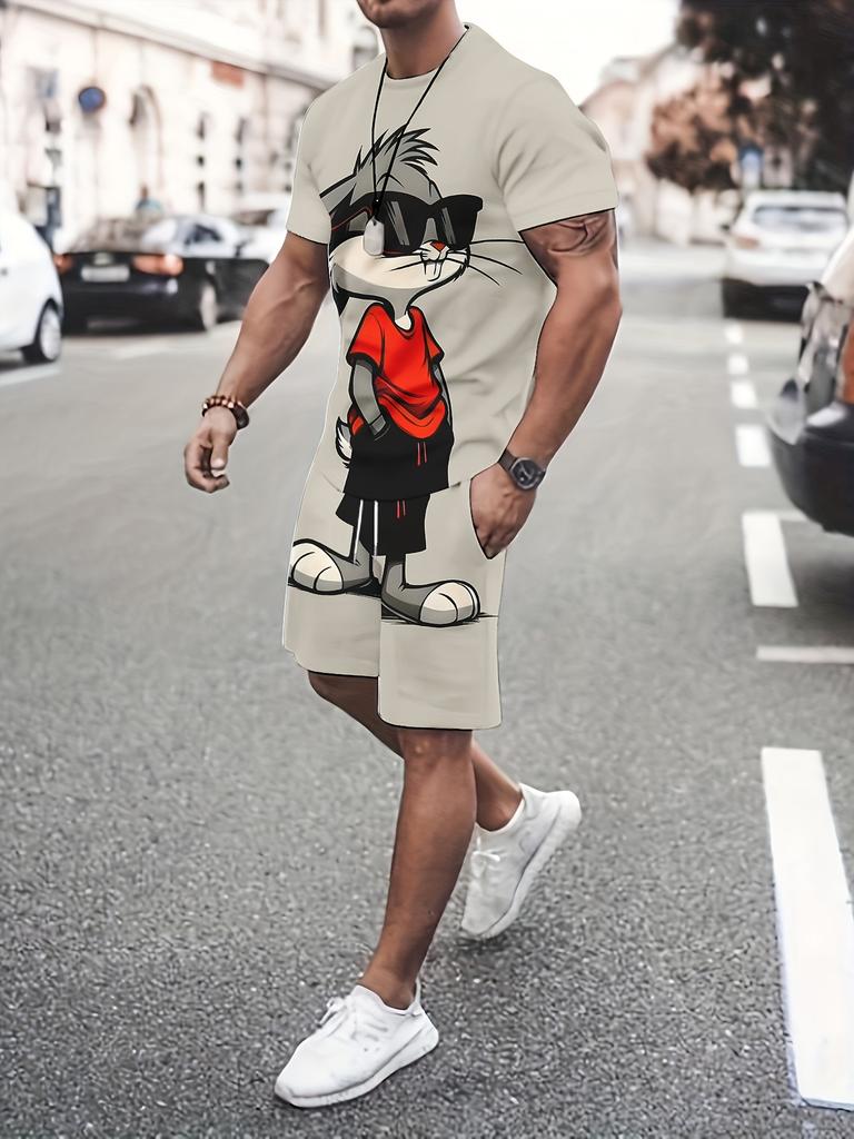 Men's Novelty Casual Outfit Set Gray and White - Polyester Machine Washable Round Neck Printed Casual Outfit