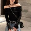Spring New Long Sleeve Slash Neck Sexy T-shirt Women Fashion Elegant Off Shoulder Base T Shirts Women Street Slim Fit Pleated Women's Tee Tops 26058