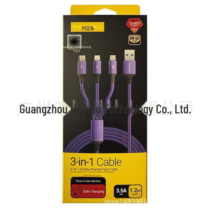 PISEN Кабель для передачи данных 3-в-1 в оплетке из алюминиевого сплава для устройств Apple, Android, Type-C
