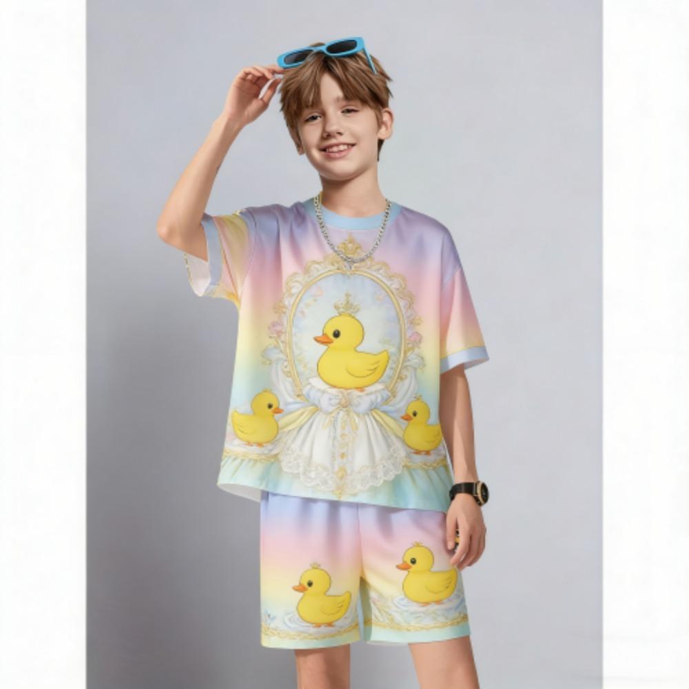Summer Kids Set Fun Cartoon Duck Printed Kids T-shirt and Shorts 2 Piece Set Summer Casual Outdoor Boys and Girls Outfit Kids Clothing
