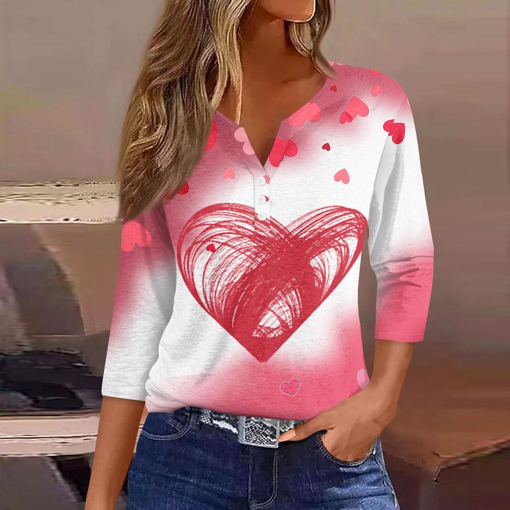 Жен. Футболка Футболка С принтом Пуговицы Рукав 3/4Ежедневно Выходные Мода Классический Топ с v-образным вырезом Обычный