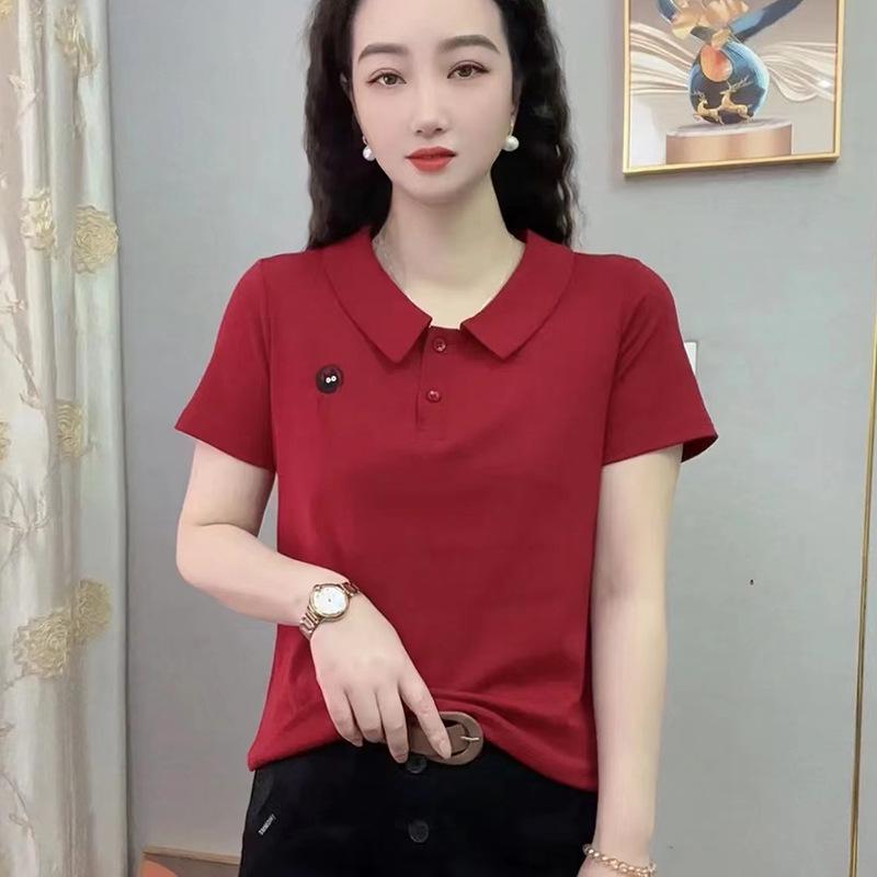Elegant Women's Summer Cotton T-Shirt with Peter Pan Collar - Stylish Short-Sleeve Slimming Top