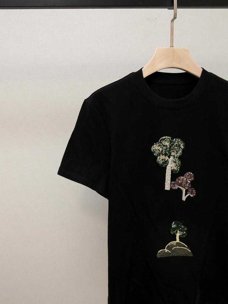 Женская осенняя футболка премиум-класса с вышивкой, с круглым вырезом и коротким рукавом