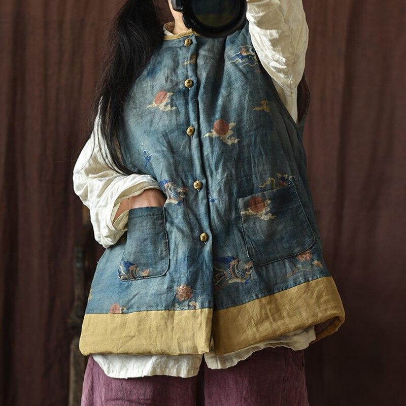 Johnature женские винтажные осенние жилеты на пуговицах льняные пальто без рукавов с цветочным принтом теплые женские жилеты с карманами