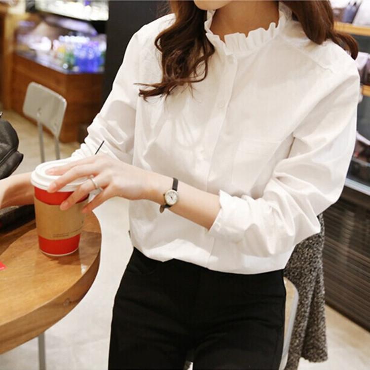 New Women's White Ruffle Edge Standing Collar Long Sleeved Professional Shirt Women's Loose Top