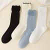 Female Spring and Autumn Solid Color Vertical Bar Hollow Fungus Lace Ballet Wind Drum Pile Socks