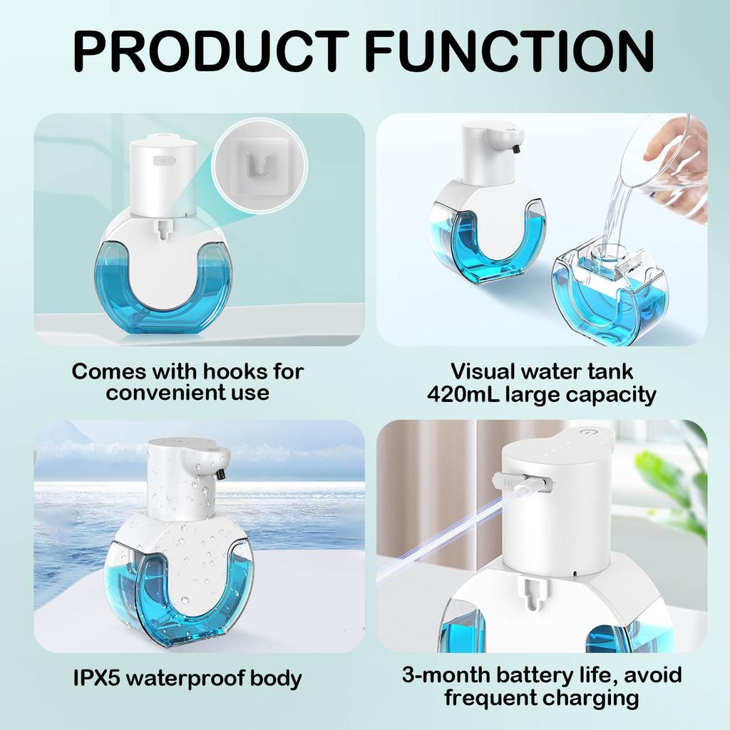 Touchless Foaming Soap Dispenser (15oz/420ml), USB-rechargeable, 4-level Adjustable. Wall-, Kid-friendly. Perfect For Kitchen & Bathroom.