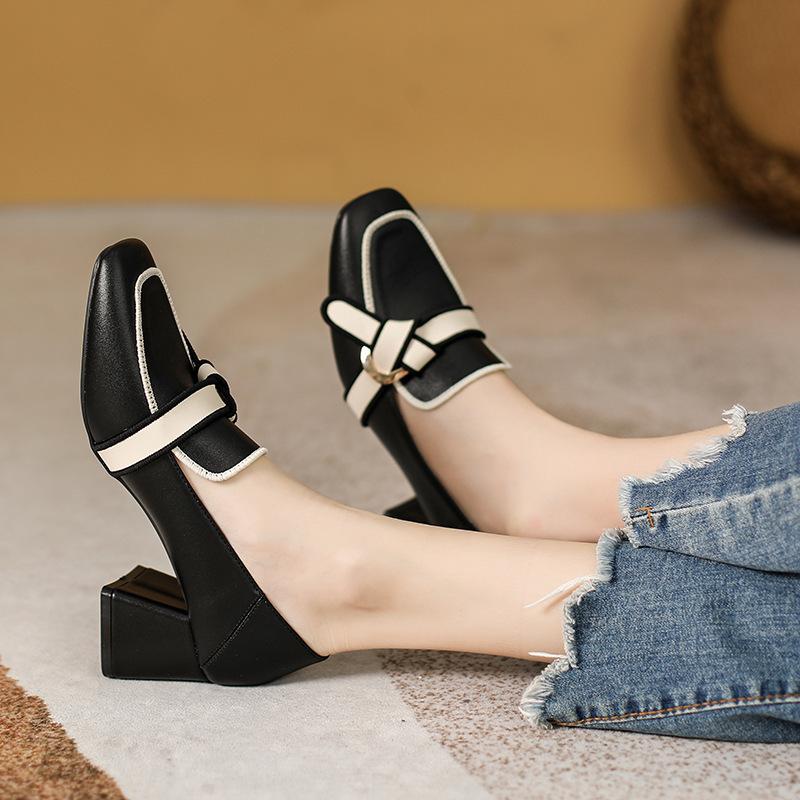 Корейская универсальная кожаная женская обувь для собеседования для девушек с квадратным носком для работы в стиле «маленький аромат» на толстом каблуке с увеличенной высотой туфли Мэри Джейн