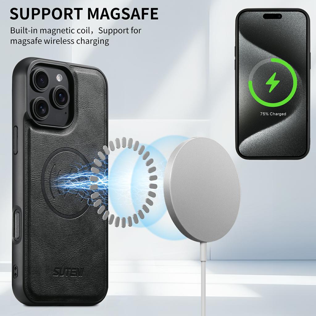 SUTENI G5 Чехол для iPhone 16 Pro, совместимый с MagSafe, задняя крышка из кожи с текстурой коровьей кожи