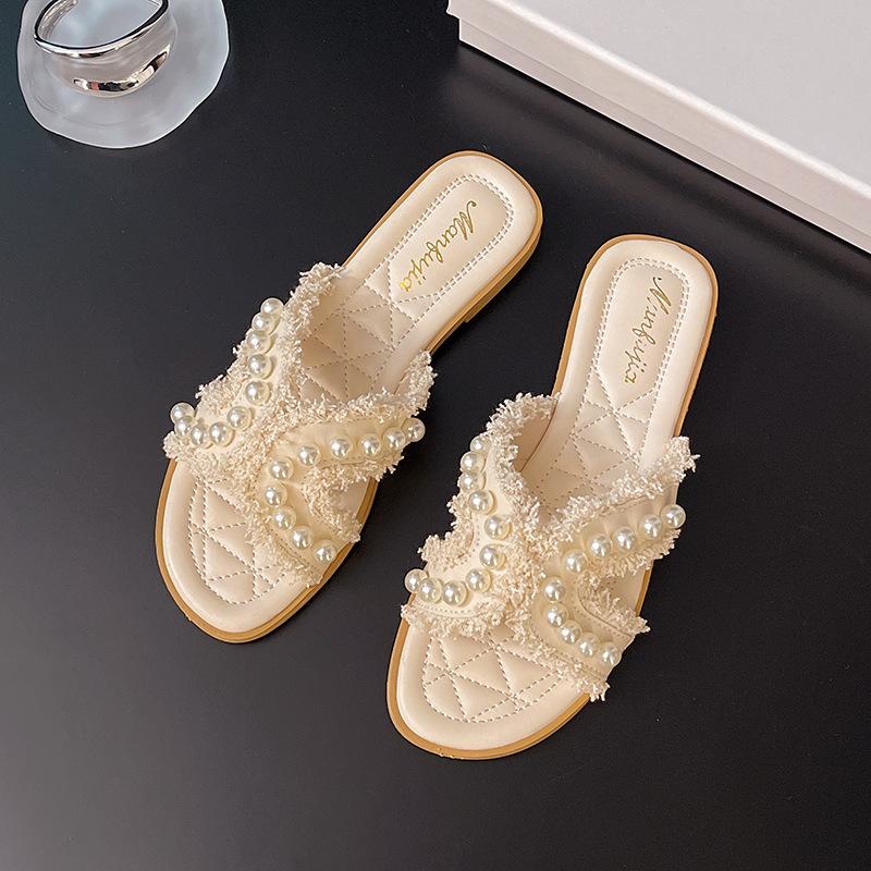 Xiaoxiangfeng классные тапочки женские летние 2025 года корейская версия новая верхняя одежда в стиле феи женские модные тапочки с бисером на плоской подошве