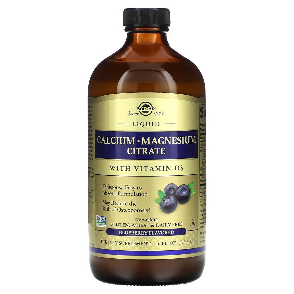 Solgar Liquid Calcium Magnesium Citrate with Vitamin D3, Natural Blueberry Flavor, 16 Fl Oz (473 Ml)