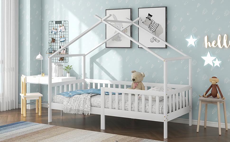 Beautiful house bed, children's bed solid wood with fence and slatted frame, children's and youth room with fall protection, white (200x90 cm)
