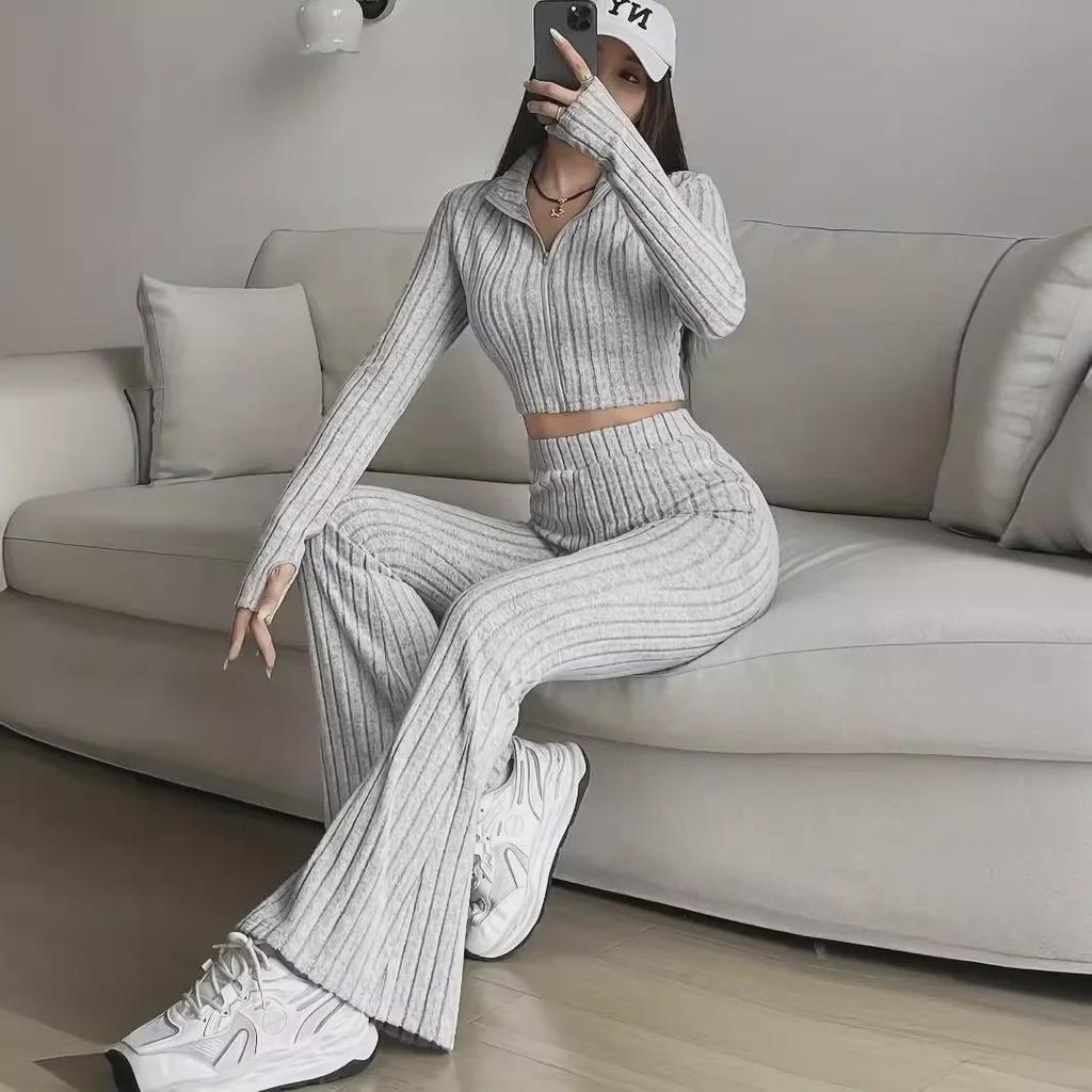 Women's Casual Ribbed Solid Color Two-Piece Set: Zipper Long Sleeve Cropped Top & High Waist Flared Pants