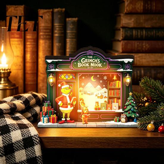 Cozy Living Room Decor Items Christmas Wooden Light Up House Table Ornament, LED Lighted Tabletop Decorations Book Nook Village Decoration for Holiday