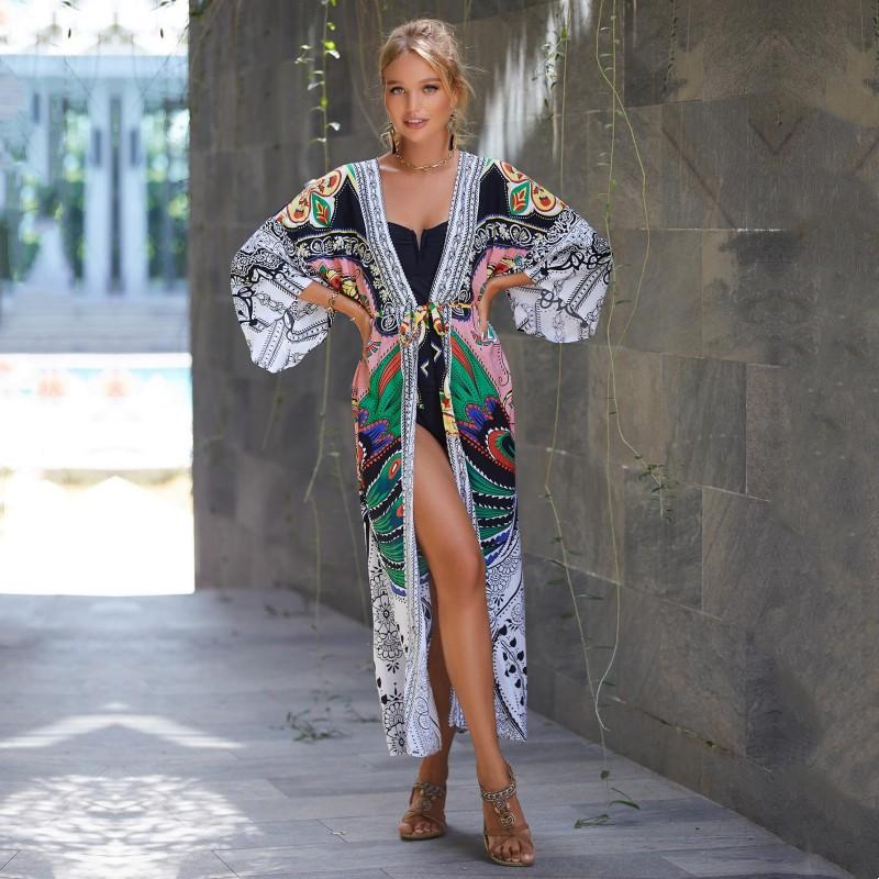 Этнический стиль купальник накидка ретро принт шнуровка женское летнее длинное кимоно платье пляжная одежда бикини накидка