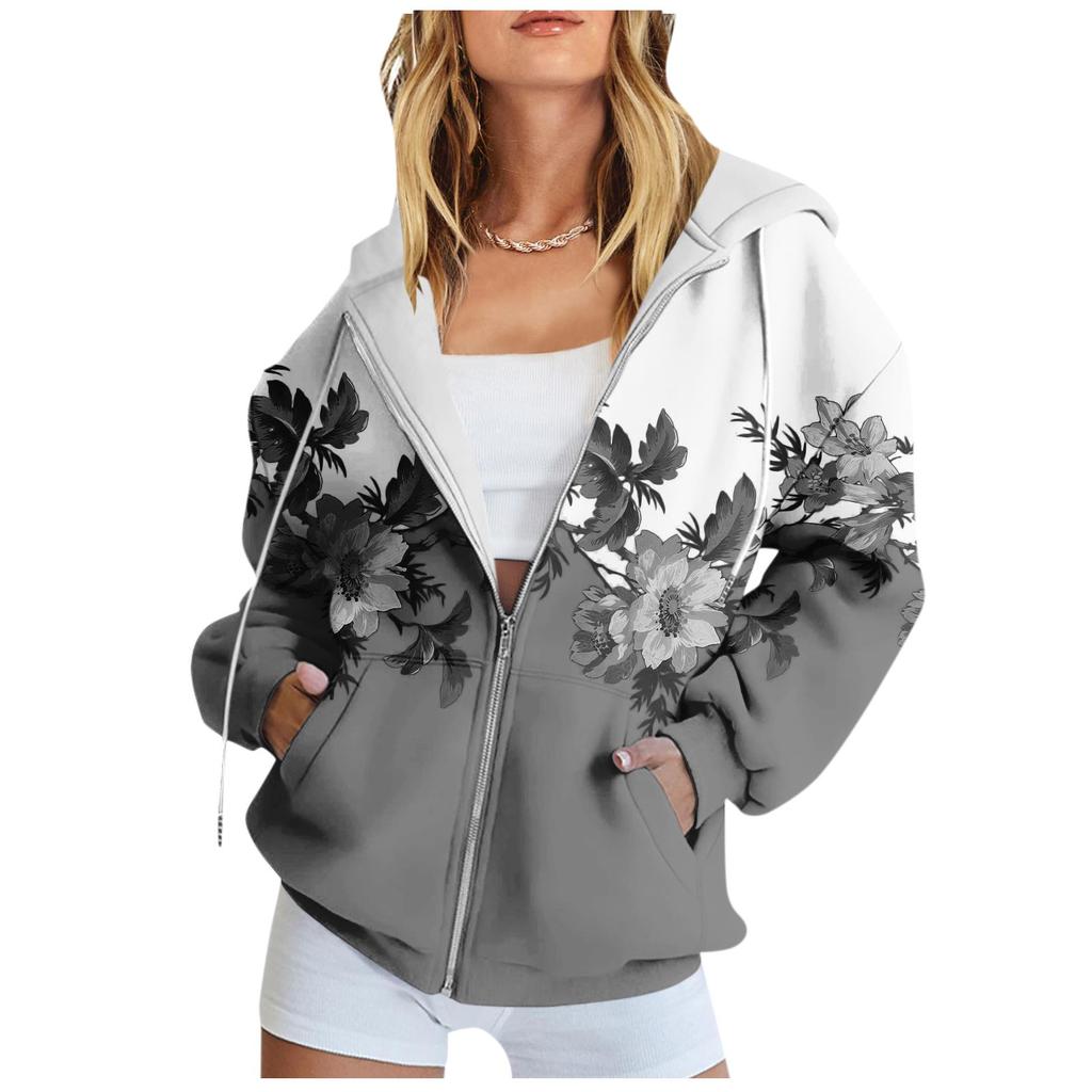 Women's Long Sleeve Floral Print Sweatshirt Long Sleeve Pocket Jacket Zipper Hoodie Coat