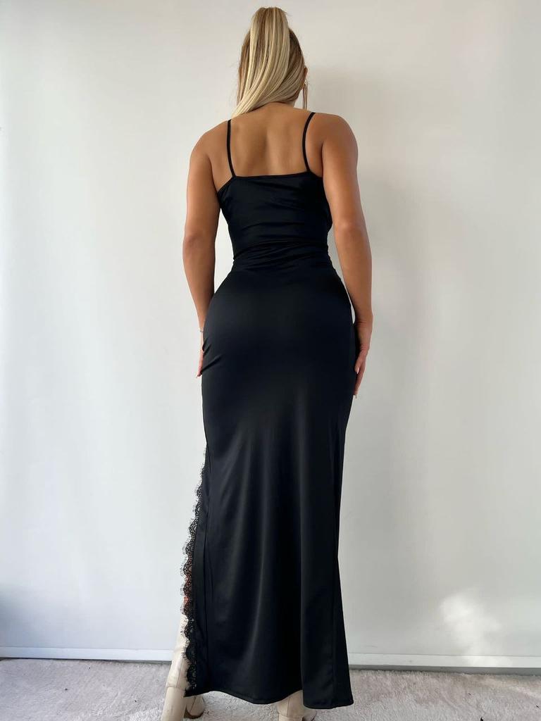 Женское платье из ткани для дайвинга черного цвета с разрезом и кружевом на бретелях