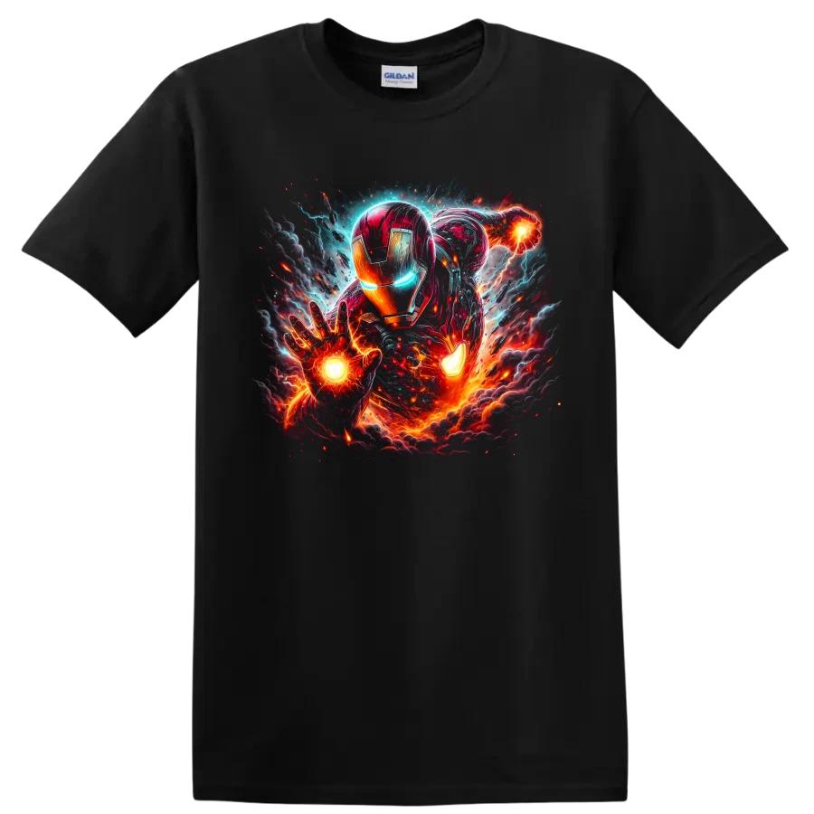 Armored Superhero T Shirt w/ Glowing Energy Core Cosmic Battle Graphic Art Tee