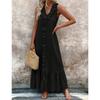 Women'S Spring And Summer Bohemian Maxi Dresses, Solid Color V-neck Sleeveless Pleated Hem Smoked Long Dress
