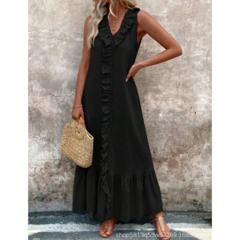 Women'S Spring And Summer Bohemian Maxi Dresses, Solid Color V-neck Sleeveless Pleated Hem Smoked Long Dress