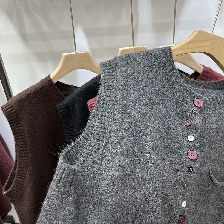 Dimanaf Осень 2025 Женский жилет без рукавов Вязаные свитера Пуговицы Красный Повседневный стиль Свободный свитер