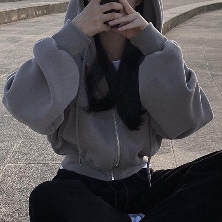 Vintage Korean Women Oversized Zip Up Hooded Jacket Long Sleeve Harajuku Fashion Solid Color Sweatshirt Autumn